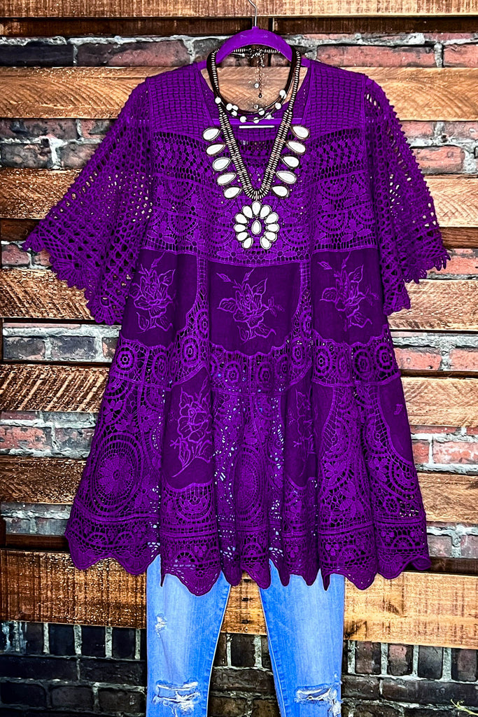 A FAIRYTALE PRETTY UNIQUE 100% COTTON CROCHET LACE TUNIC IN PURPLE