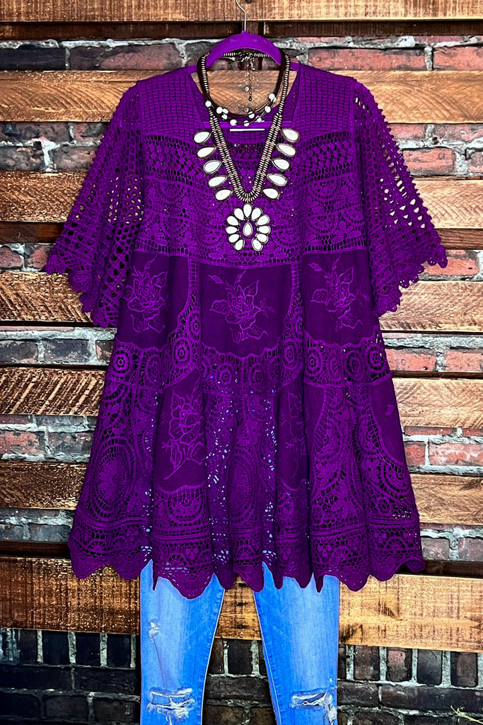 A FAIRYTALE PRETTY UNIQUE 100% COTTON CROCHET LACE TUNIC IN PURPLE