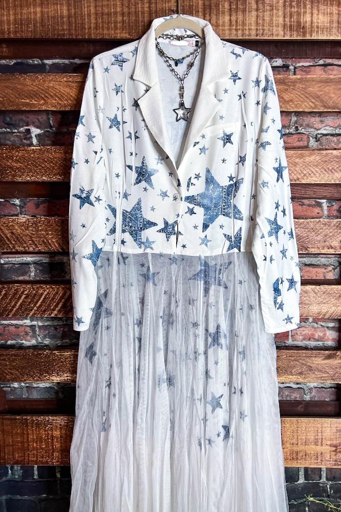 Whisper Your Wishes Stars Print Long Jacket Mesh Tulle Layer