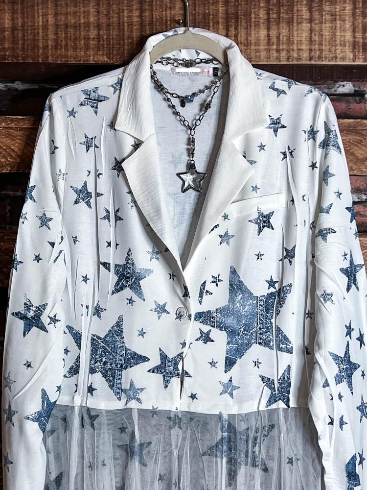 Whisper Your Wishes Stars Print Long Jacket Mesh Tulle Layer