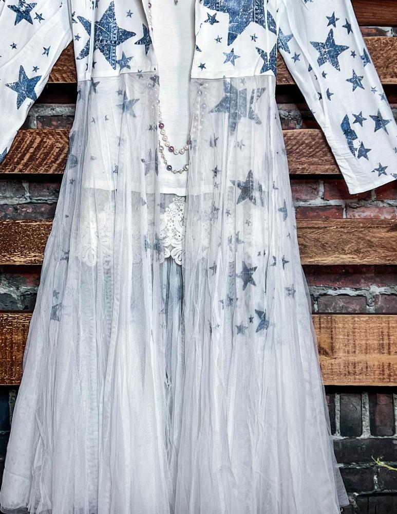 Whisper Your Wishes Stars Print Long Jacket Mesh Tulle Layer