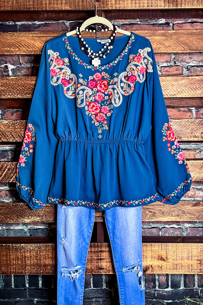 BEAUTIFUL LIFE TO LIVE EMBROIDERED TOP IN BLUE & MULTI