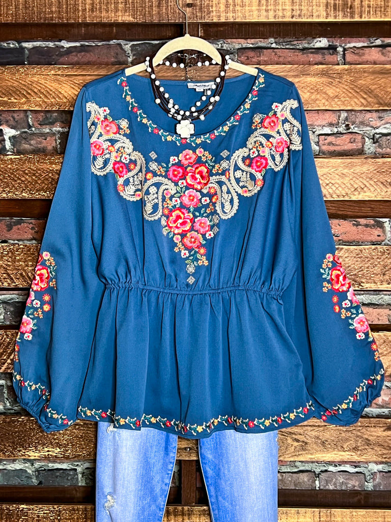 BEAUTIFUL LIFE TO LIVE EMBROIDERED TOP IN BLUE & MULTI