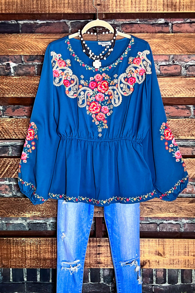 BEAUTIFUL LIFE TO LIVE EMBROIDERED TOP IN BLUE & MULTI