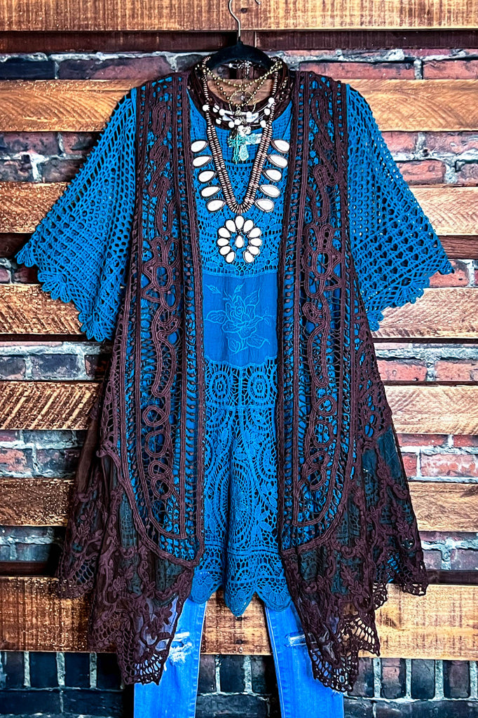 DANCIN' IN THE MOONLIGHT BOHO BROWN LACE & CROCHET VEST