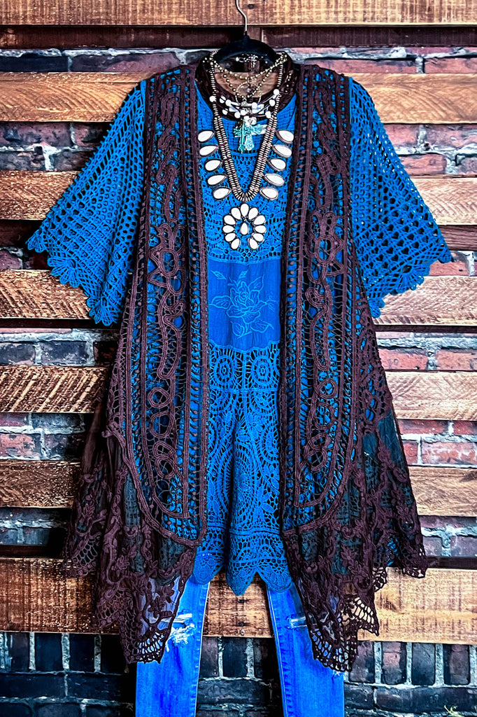 DANCIN' IN THE MOONLIGHT BOHO BROWN LACE & CROCHET VEST