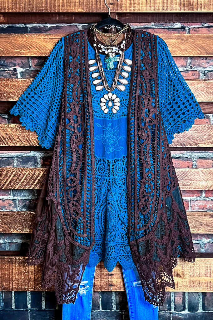 DANCIN' IN THE MOONLIGHT BOHO BROWN LACE & CROCHET VEST