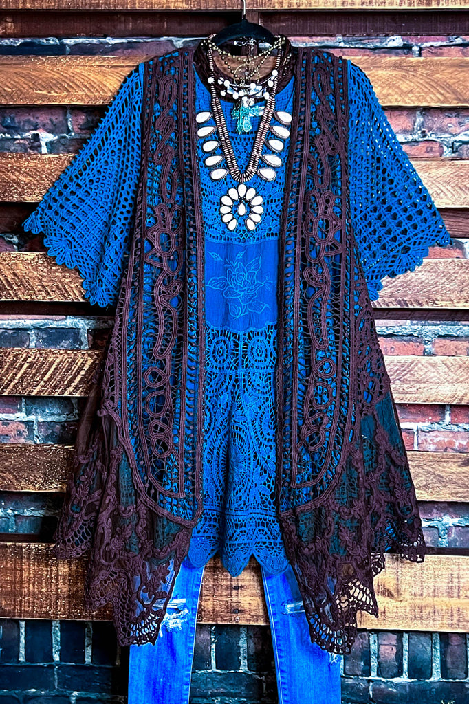 DANCIN' IN THE MOONLIGHT BOHO BROWN LACE & CROCHET VEST