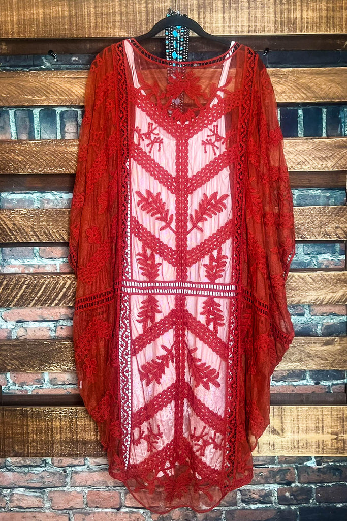 YOU'RE MY DREAM LACE RED RUST OVERSIZED DUSTER KIMONO