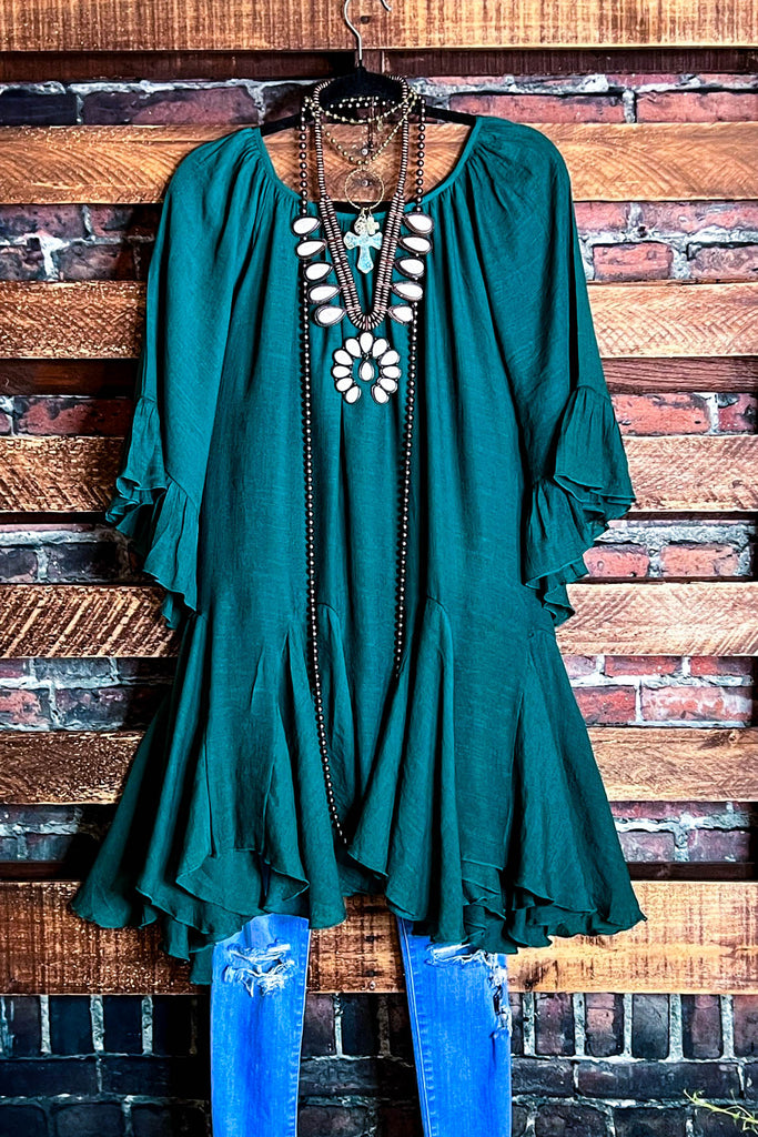 BOHO-HIPPIE SWING OVERSIZED COMFY TUNIC DRESS IN FOREST GREEN