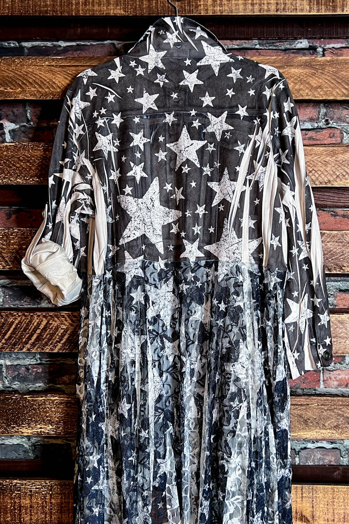 Fairytale Song Stars Lace & Suede Midi Jacket Cardi in Beige & Black