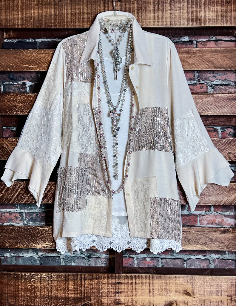 ANY EVENT STUNNING BEIGE LACE & SEQUIN SHIRT