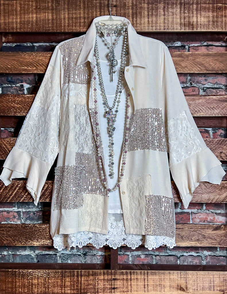 ANY EVENT STUNNING BEIGE LACE & SEQUIN SHIRT