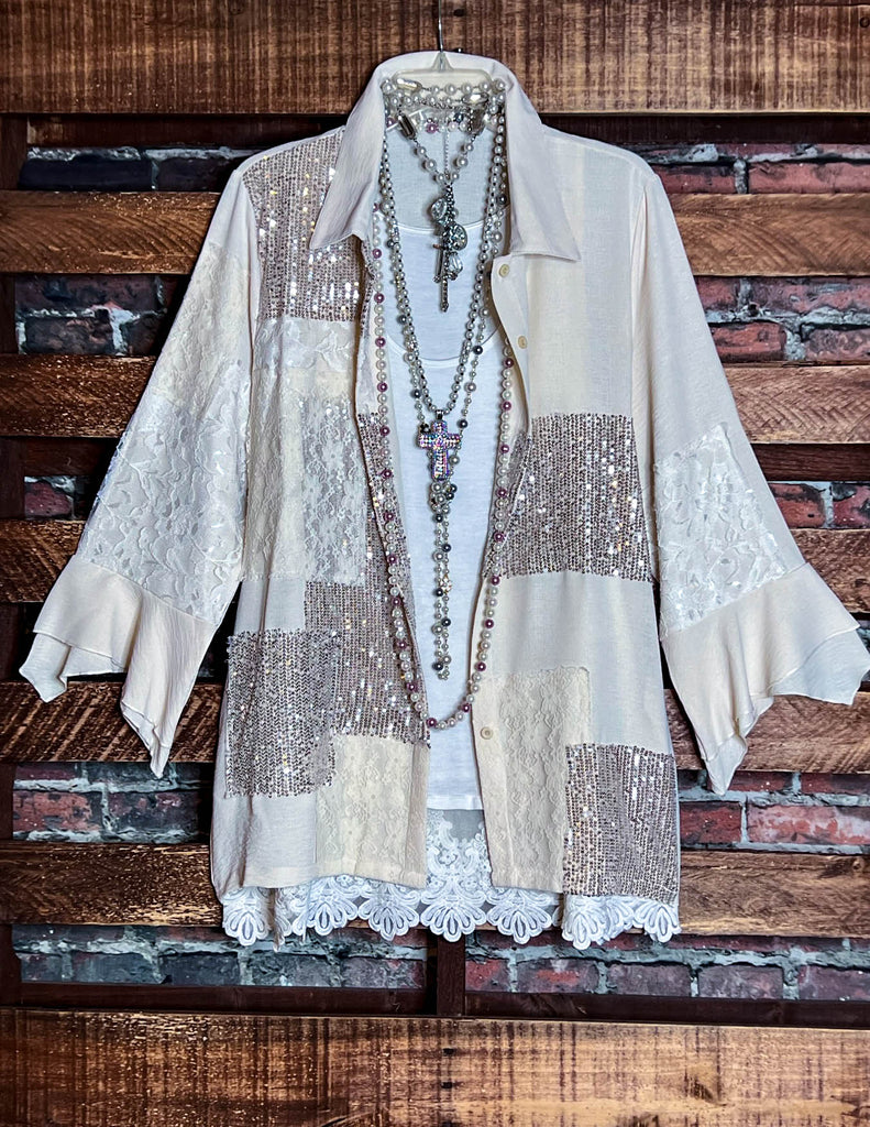 ANY EVENT STUNNING BEIGE LACE & SEQUIN SHIRT