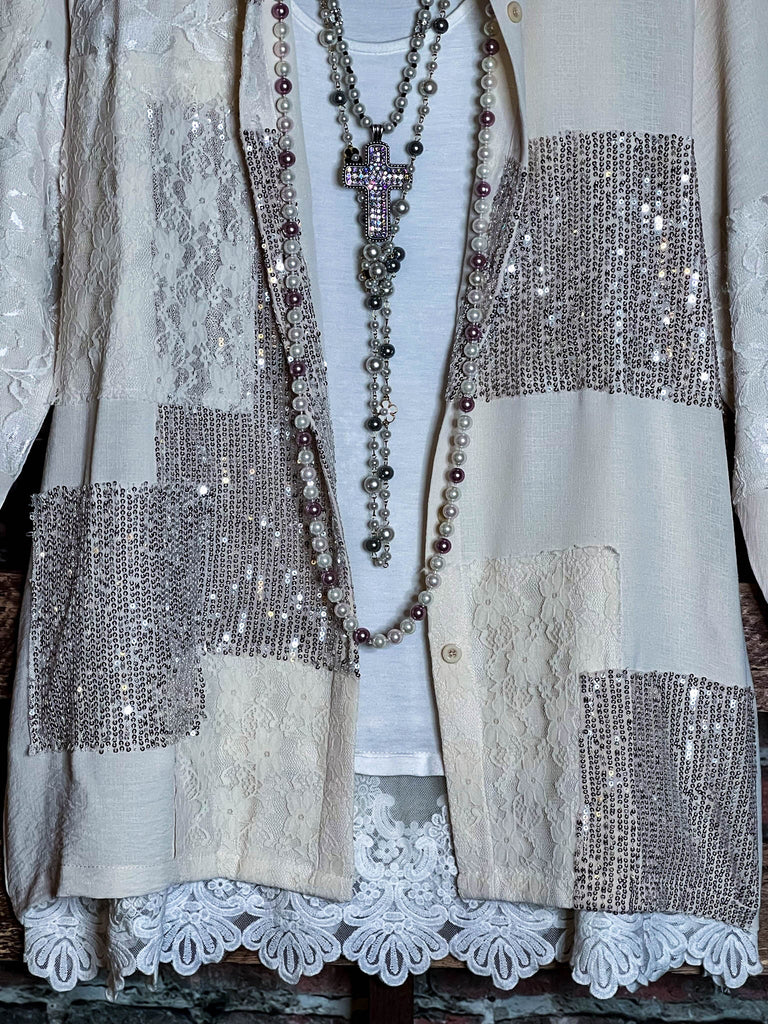 ANY EVENT STUNNING BEIGE LACE & SEQUIN SHIRT