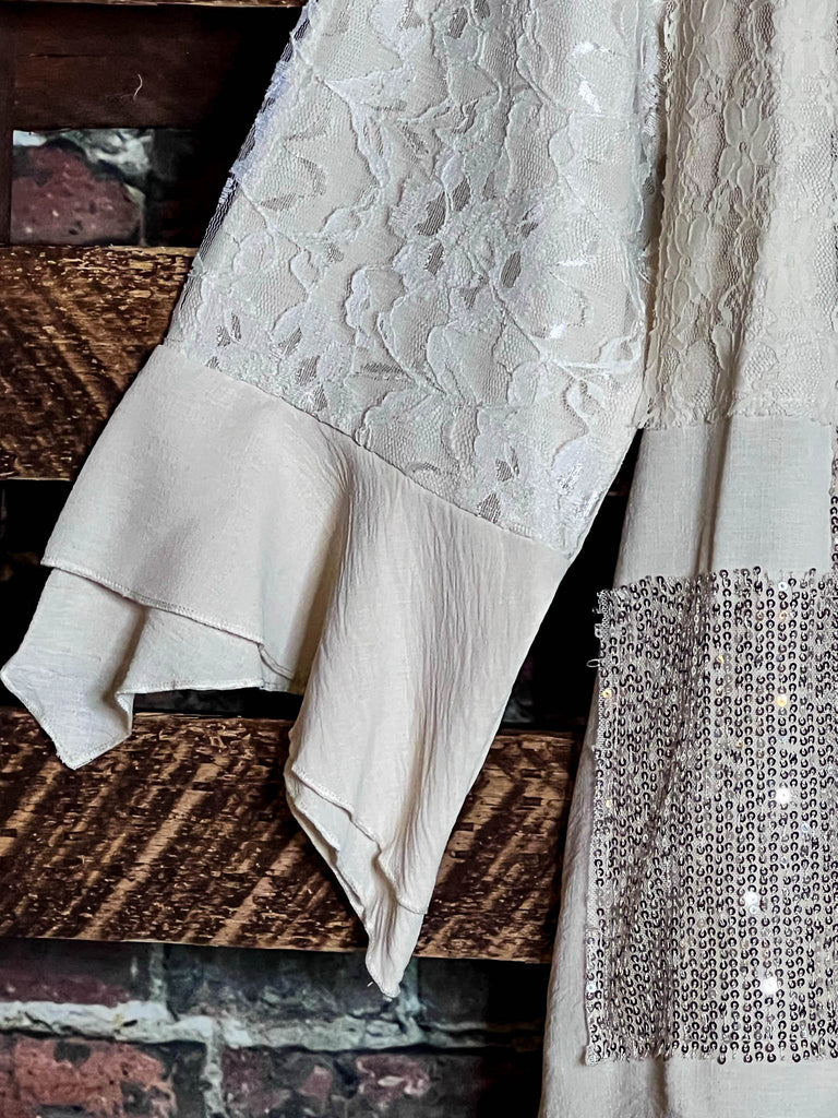 ANY EVENT STUNNING BEIGE LACE & SEQUIN SHIRT