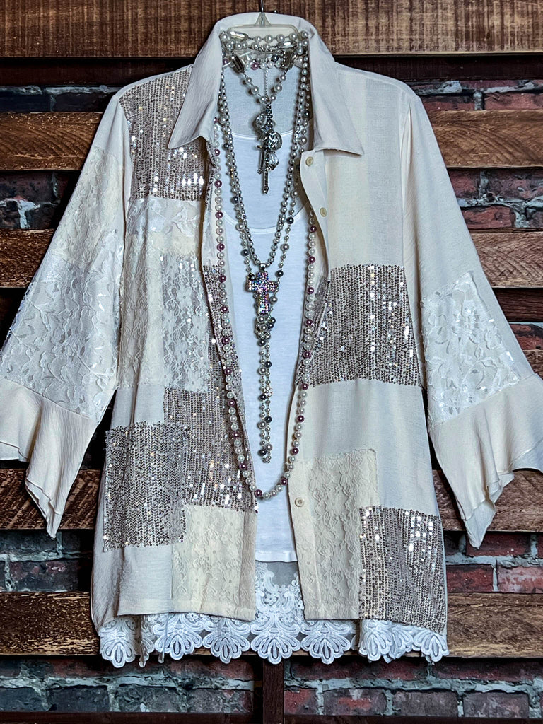 ANY EVENT STUNNING BEIGE LACE & SEQUIN SHIRT