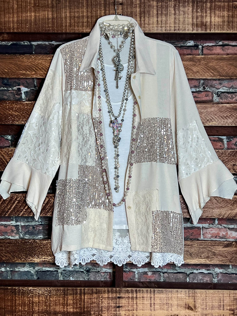 ANY EVENT STUNNING BEIGE LACE & SEQUIN SHIRT