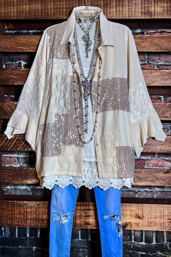 ANY EVENT STUNNING BEIGE LACE & SEQUIN SHIRT