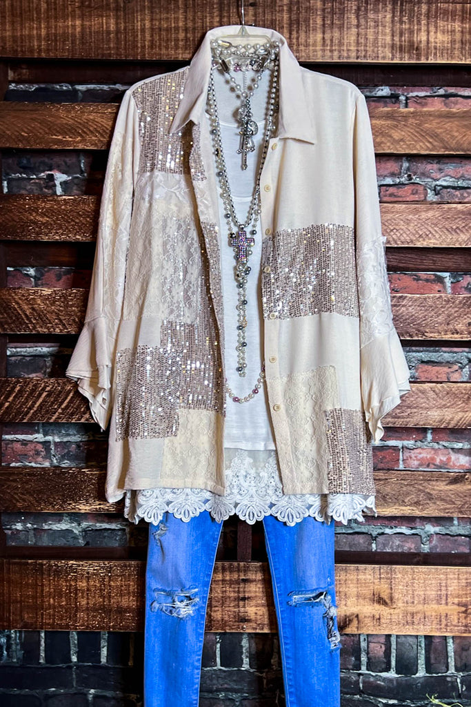 ANY EVENT STUNNING BEIGE LACE & SEQUIN SHIRT