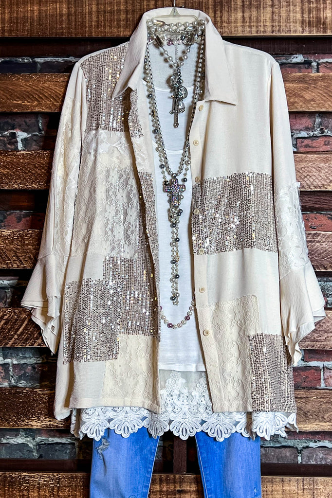 ANY EVENT STUNNING BEIGE LACE & SEQUIN SHIRT