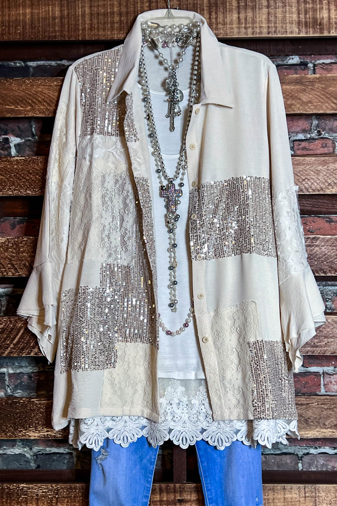 ANY EVENT STUNNING BEIGE LACE & SEQUIN SHIRT