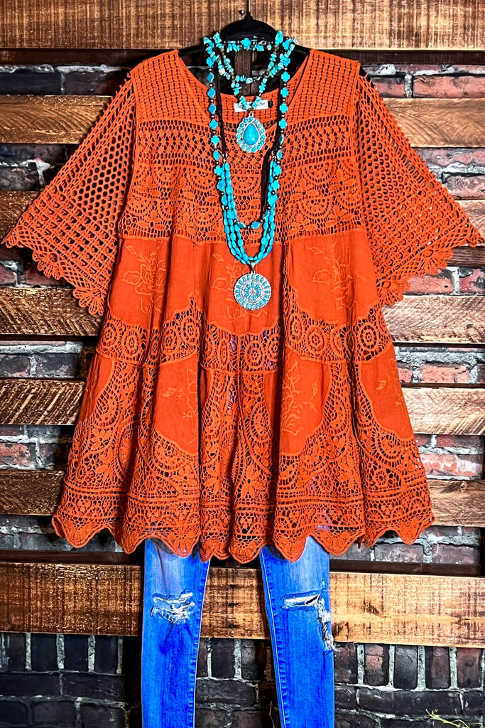 A FAIRYTALE PRETTY UNIQUE 100% COTTON CROCHET LACE TUNIC - RUST