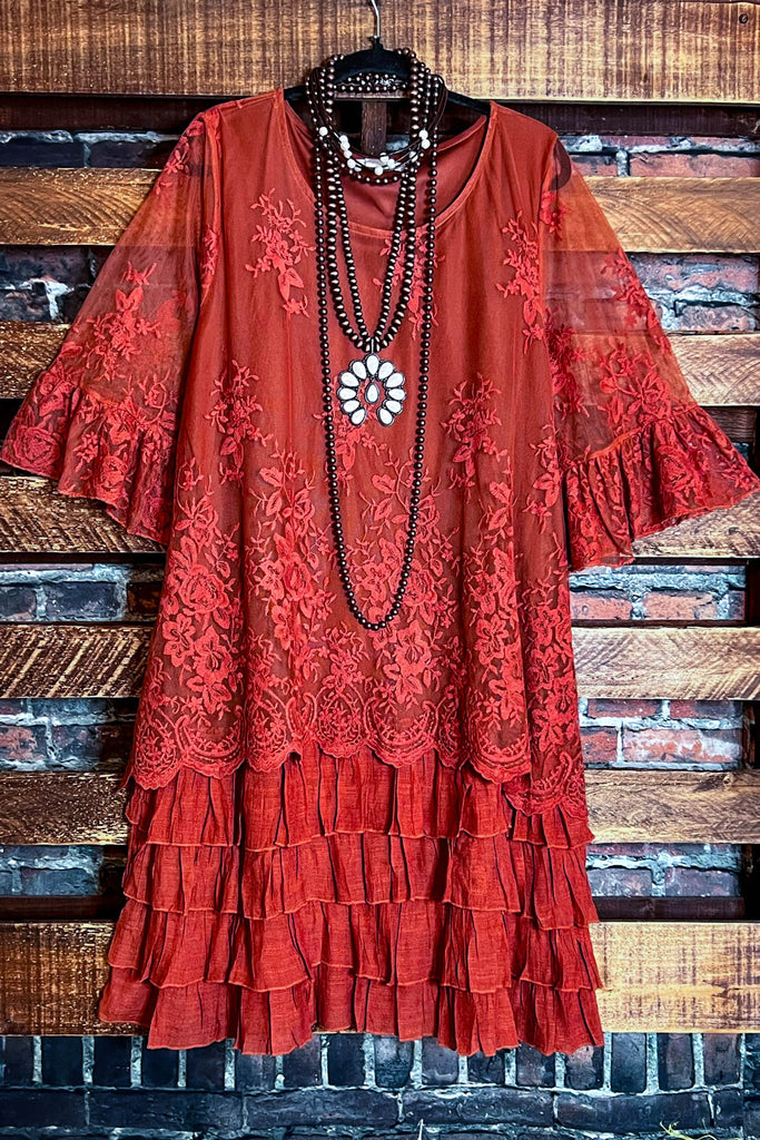 ADMIRE YOUR BEAUTY EMBROIDERED LACE DRESS IN RUST