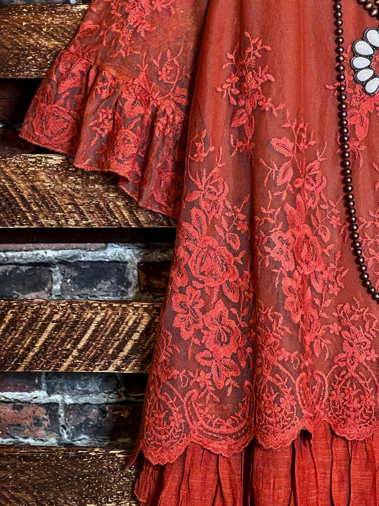 ADMIRE YOUR BEAUTY EMBROIDERED LACE DRESS IN RUST