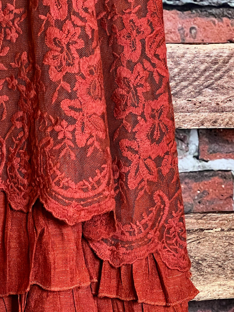 ADMIRE YOUR BEAUTY EMBROIDERED LACE DRESS IN RUST