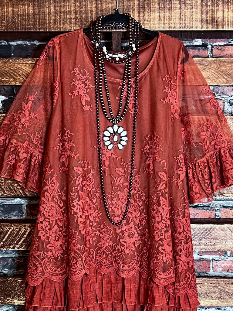 ADMIRE YOUR BEAUTY EMBROIDERED LACE DRESS IN RUST