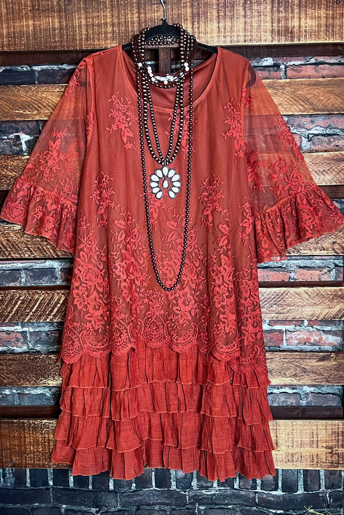 ADMIRE YOUR BEAUTY EMBROIDERED LACE DRESS IN RUST