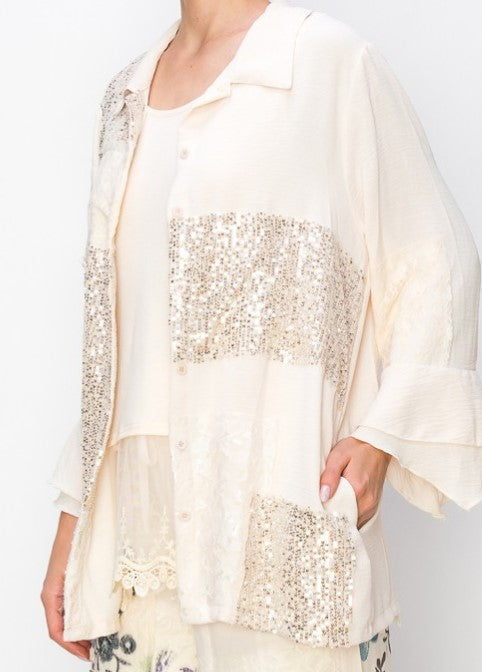 ANY EVENT STUNNING BEIGE LACE & SEQUIN SHIRT