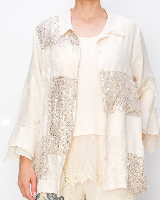 ANY EVENT STUNNING BEIGE LACE & SEQUIN SHIRT