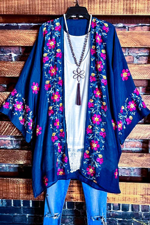 IT'S LOVE AT FIRST SIGHT NAVY FLORAL EMBROIDERED KIMONO