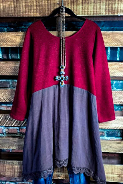 NEW BEGINNINGS EMPIRE WAIST DRESS TUNIC BROWN & CRIMSON