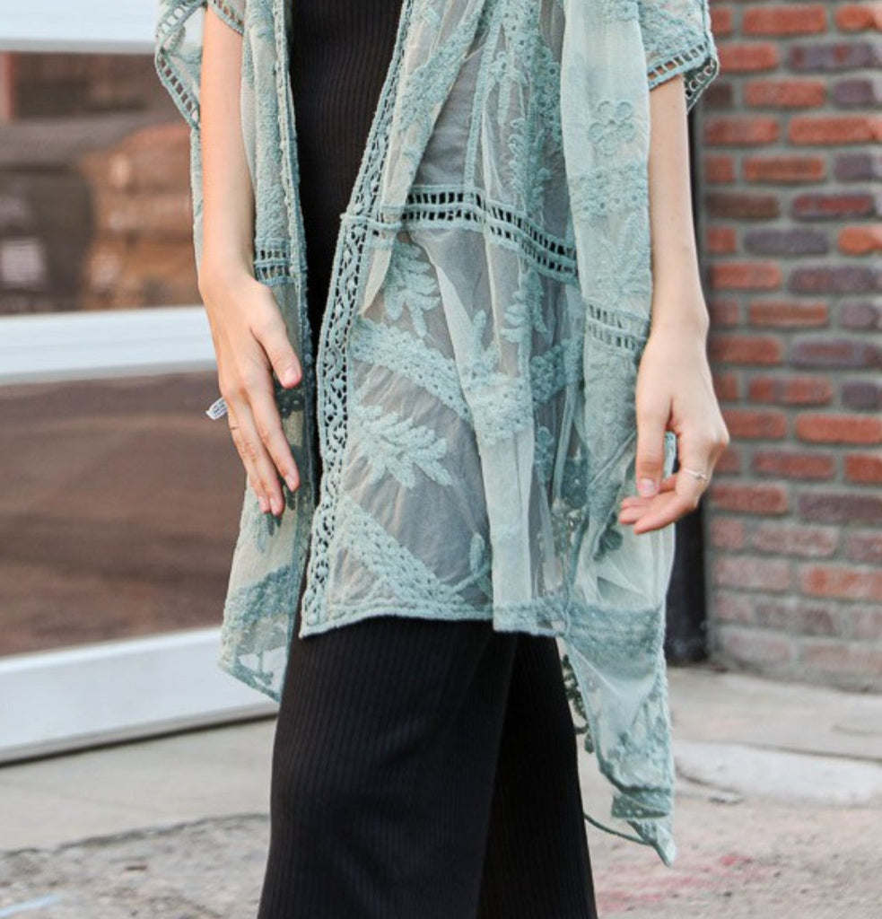 YOU'RE MY DREAM LACE SAGE OVERSIZED DUSTER KIMONO