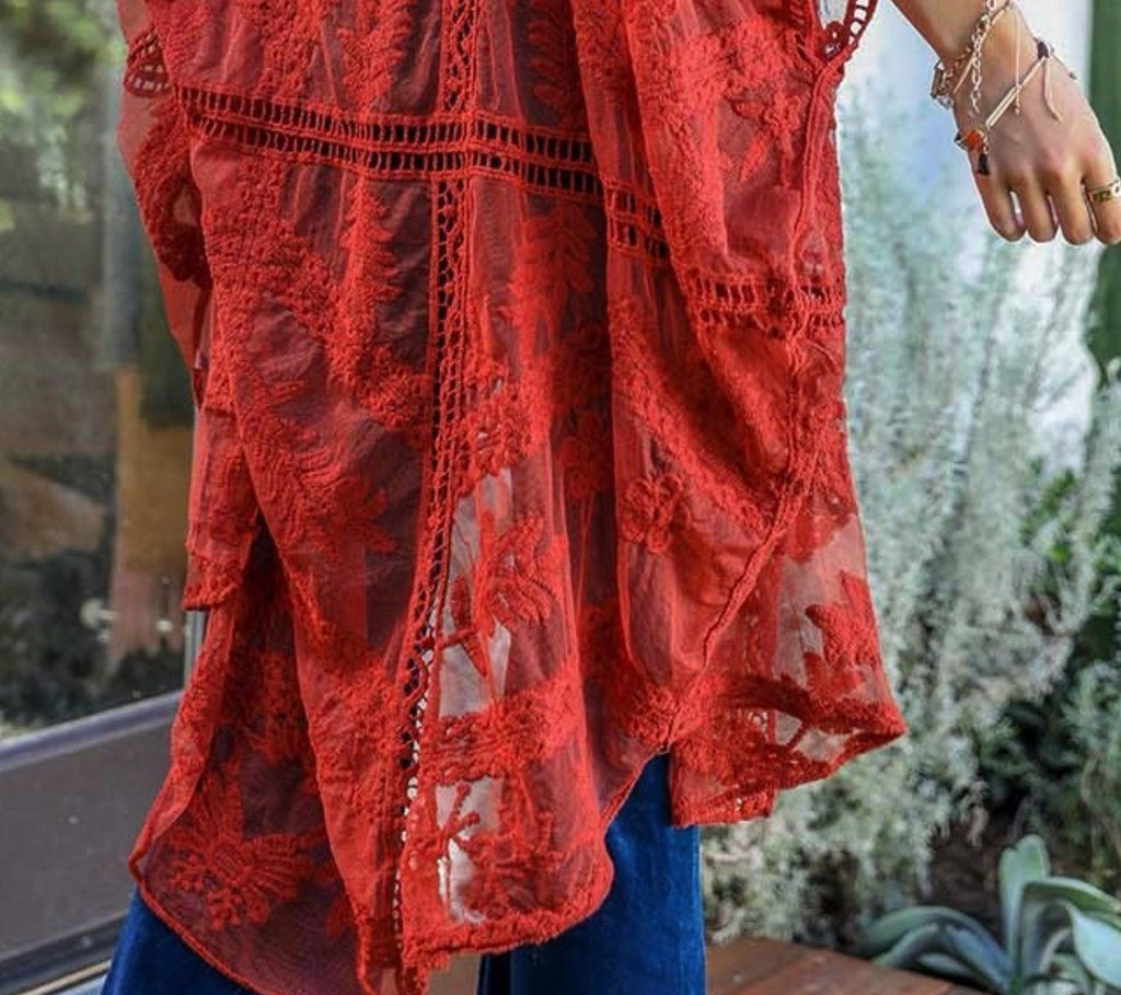 YOU'RE MY DREAM LACE RED RUST OVERSIZED DUSTER KIMONO