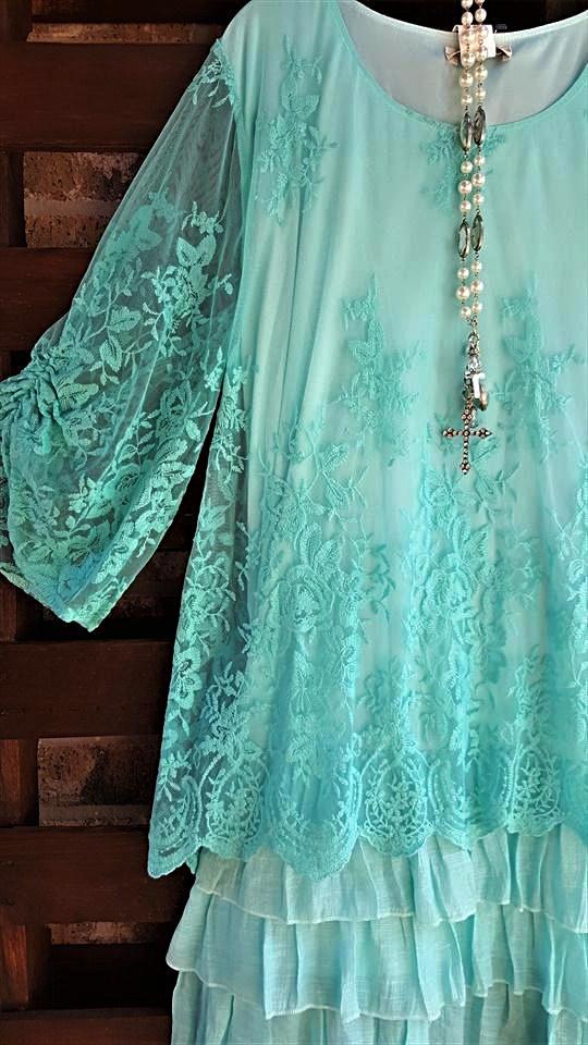 ALL THIS BEAUTY LACE EMBROIDERED 3/4 SLEEVE TUNIC IN MINT [product vendor] - Life is Chic Boutique