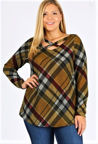 CROSS MY MIND FAB PLAID TOP BLOUSE IN MUSTARD 1X 2X 3X------------sale