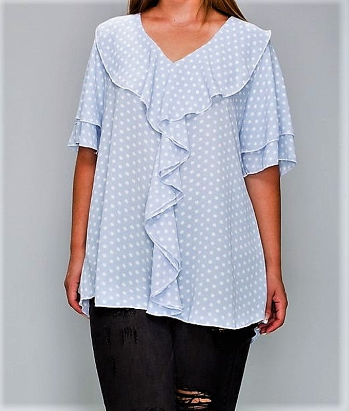 1X - CLASSIC & ROMANTIC POLKA DOT RUFFLE BLOUSE IN LIGHT BLUE----SALE