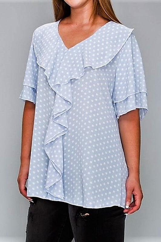 1X - CLASSIC & ROMANTIC POLKA DOT RUFFLE BLOUSE IN LIGHT BLUE----SALE