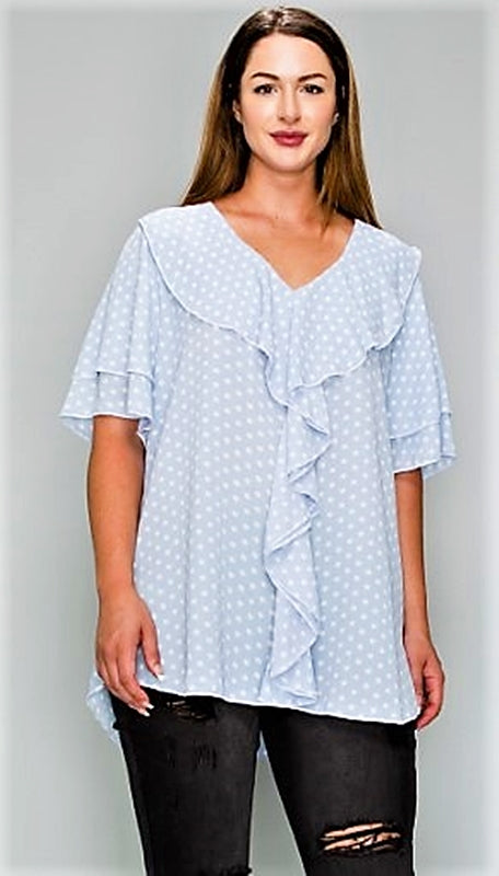 1X - CLASSIC & ROMANTIC POLKA DOT RUFFLE BLOUSE IN LIGHT BLUE----SALE