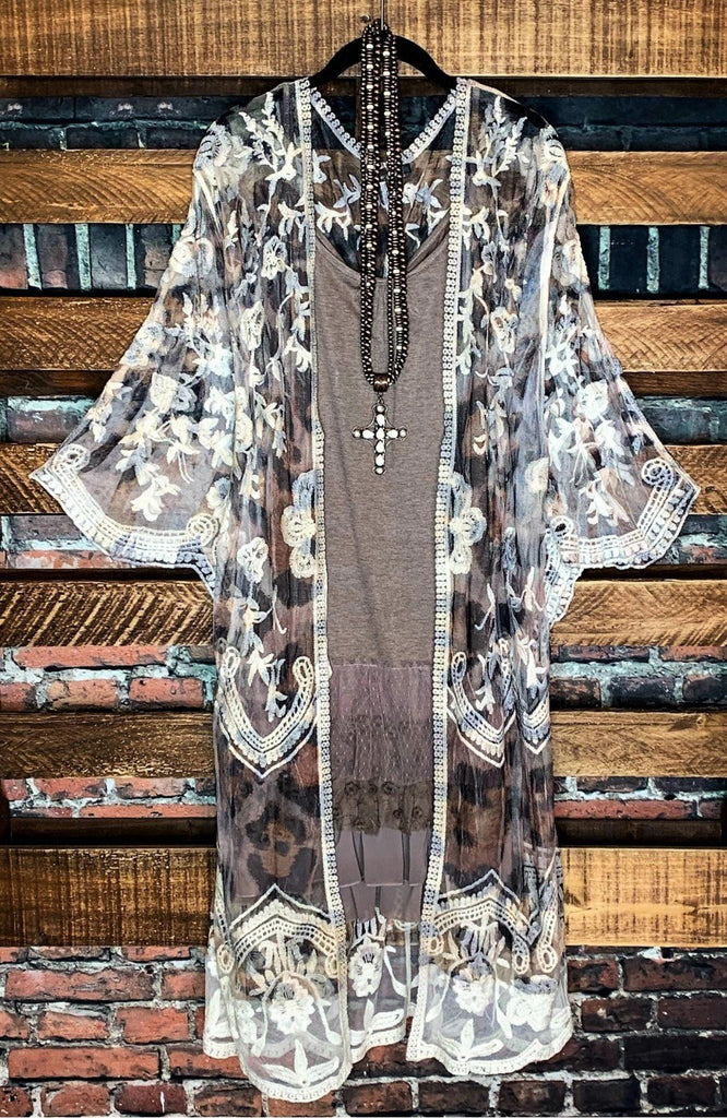 LOVE FOR A LIFETIME LACE BROWN & LEOPARD DUSTER KIMONO