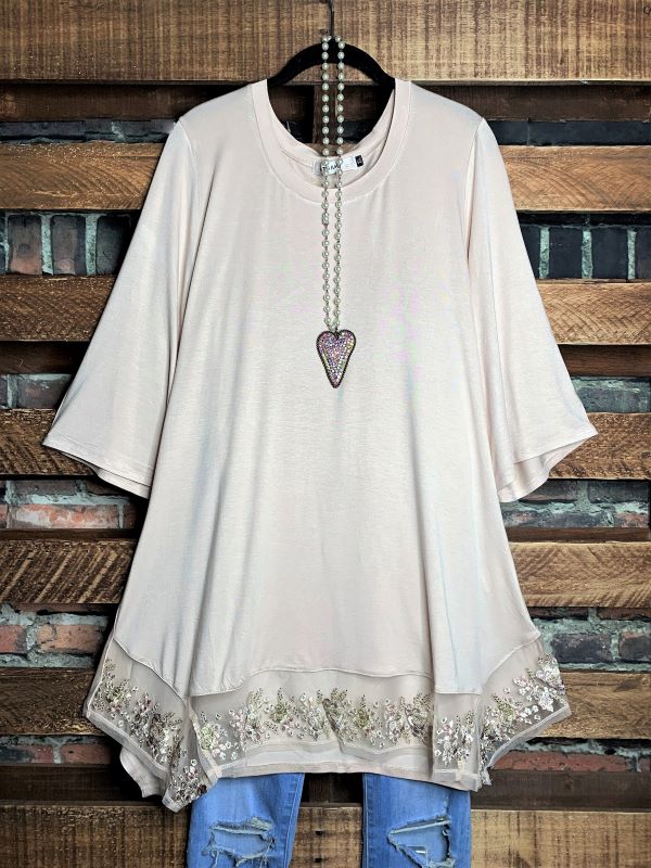 CRYSTAL BEADS EMBROIDERED T-TUNIC IN NATURAL---------SALE