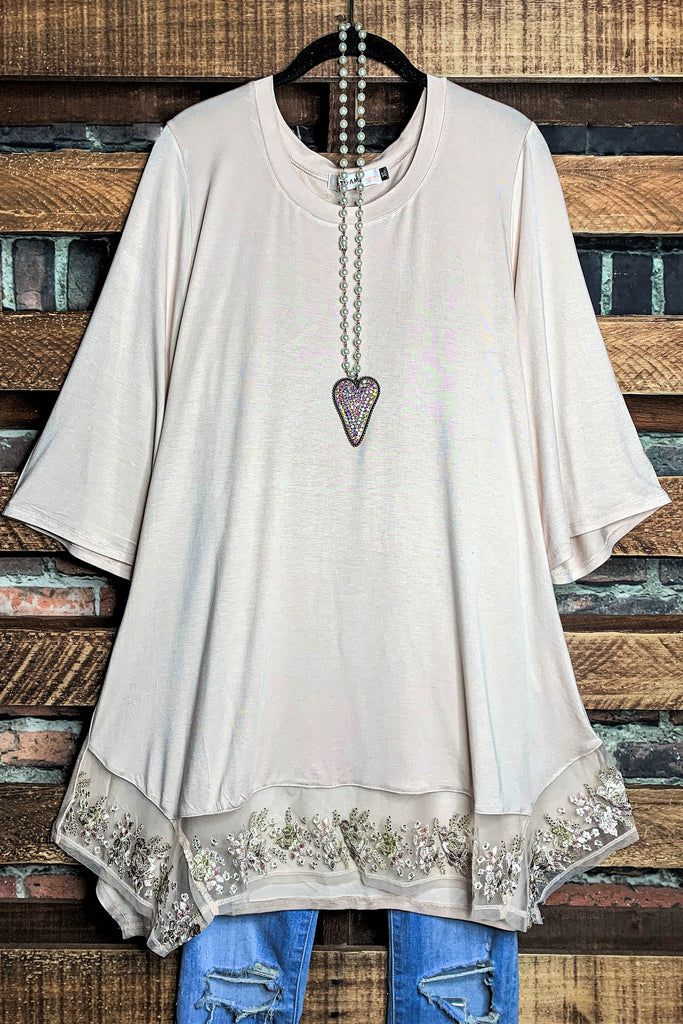 CRYSTAL BEADS EMBROIDERED T-TUNIC IN NATURAL---------SALE