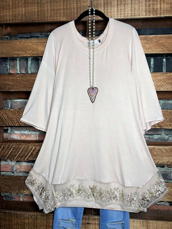 CRYSTAL BEADS EMBROIDERED T-TUNIC IN NATURAL---------SALE