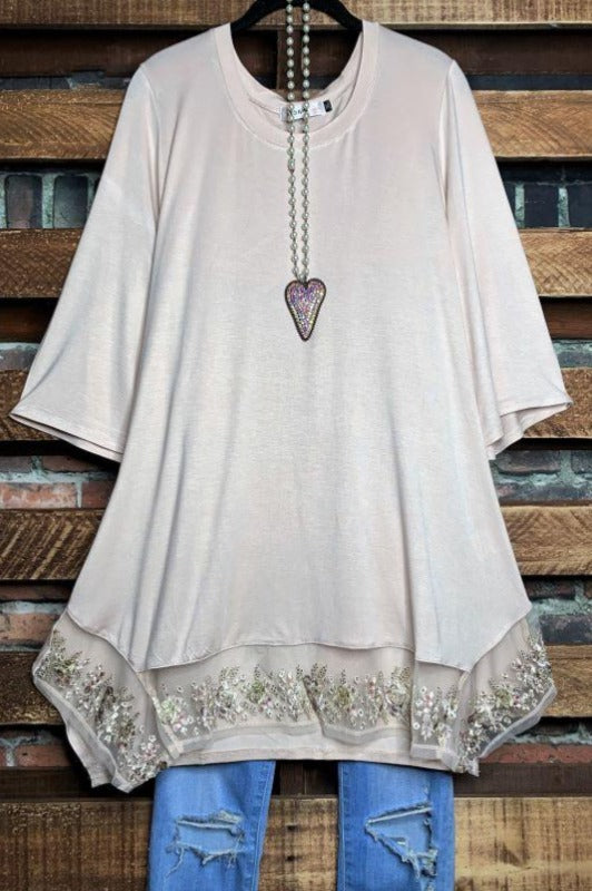 CRYSTAL BEADS EMBROIDERED T-TUNIC IN NATURAL---------SALE