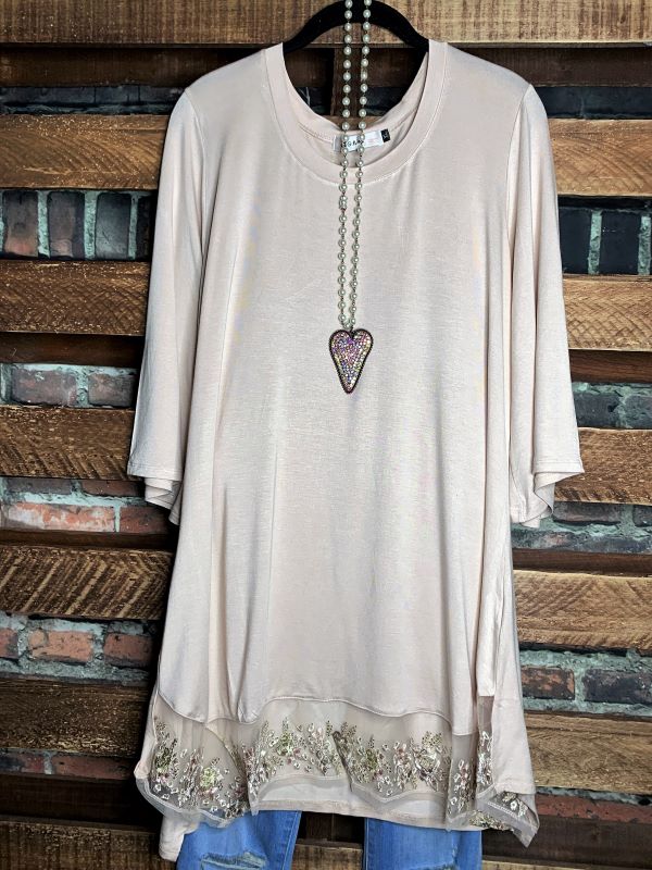 CRYSTAL BEADS EMBROIDERED T-TUNIC IN NATURAL---------SALE