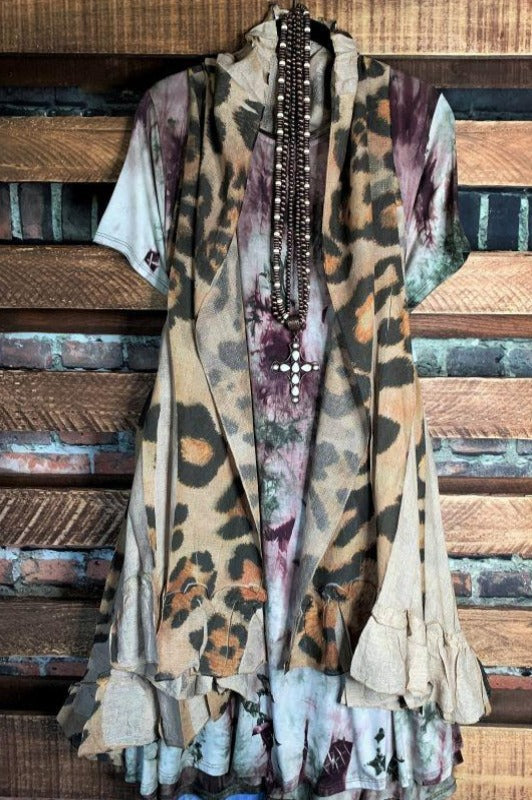 GYPSY BOHO SHABBY OVERSIZED VEST IN LEOPARD & TAUPE